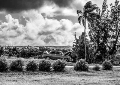 Klassischer Oldtimer mit offener Motorhaube in tropischer Landschaft Schwarz-Weiß